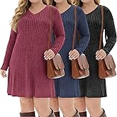 Evervibe 3 Pack Women's Plus Size Dresses Long Sleeve V Neck Ribbed Sweater Loose Casual Lighweight Dress for Curvy Women