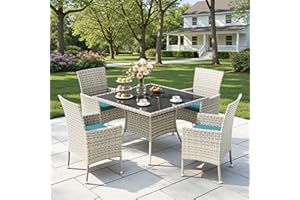 Sweecci Outdoor Dining Set, 5-Piece Patio Furniture Set with Tempered Glass Table and 4 Cushioned Chairs, Dual-Strand Wicker Rattan, Balcony Furniture for Backyard, Garden, Deck,– Turquoise