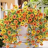 ZFProcess Artificial Hanging Flowers Plants for Outdoor Fall Decoration, 2PCS Faux Silk Daisy UV Resistant Look Real for Outside Home Indoor Planter Porch Window Yard Autumn Decor(Orange Yellow)