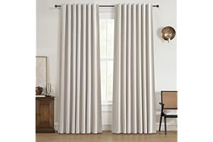 QJMYDECO 100% Blackout Curtains 84 Inch Length 2 Panels Set Farmhouse Style for Bedroom Windows/Living Room Thermal Insulated Neutral Boho Drapes Linen Blend Natural Ivory 7ft Long Hook Belt Pleated/Back Tab