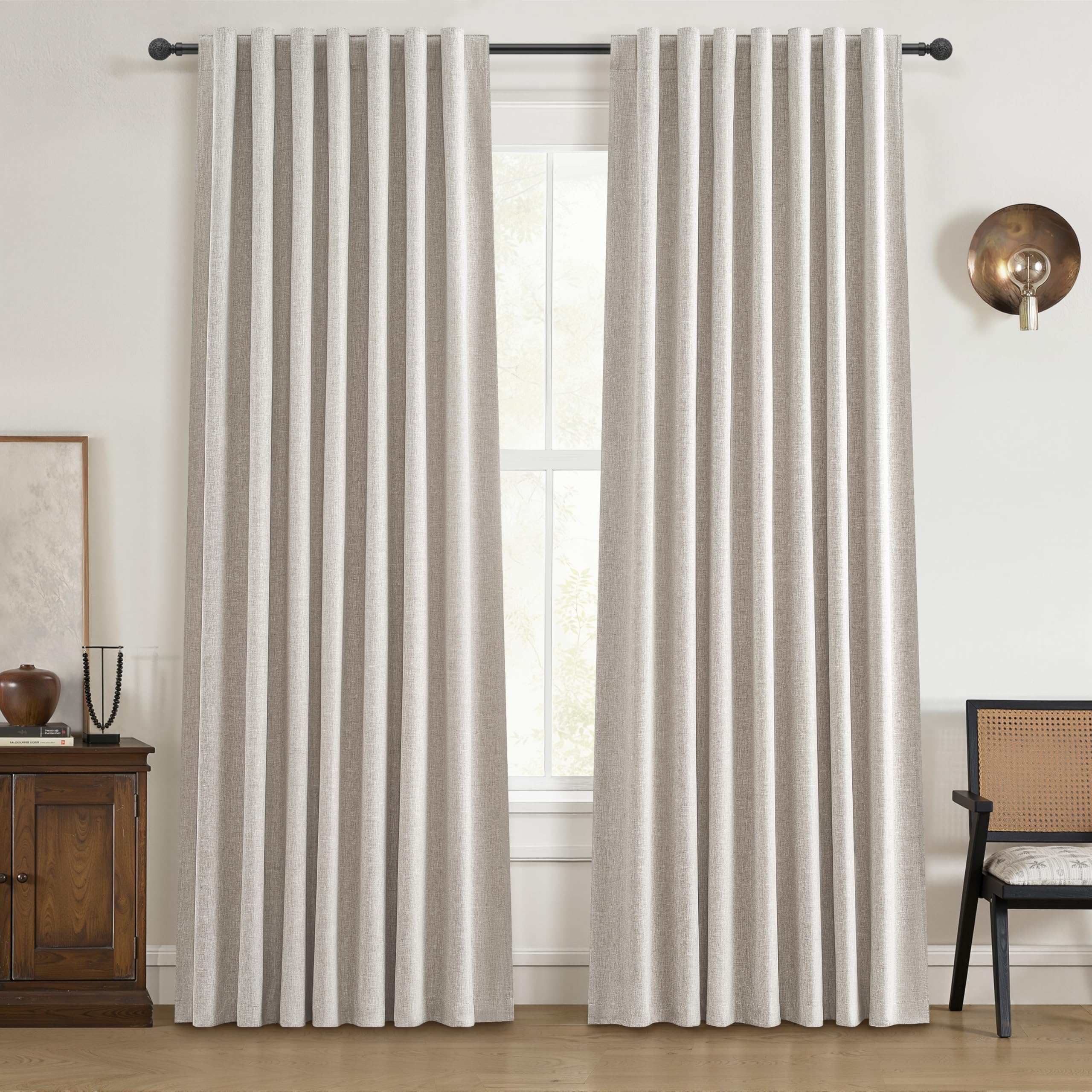Photo 1 of 100% Blackout Curtains 84 Inch Length 2 Panels Set Farmhouse Style for Bedroom Windows/Living Room Thermal Insulated Neutral Boho Drapes Linen Blend Natural Ivory 7ft Long Hook Belt Pleated/Back Tab