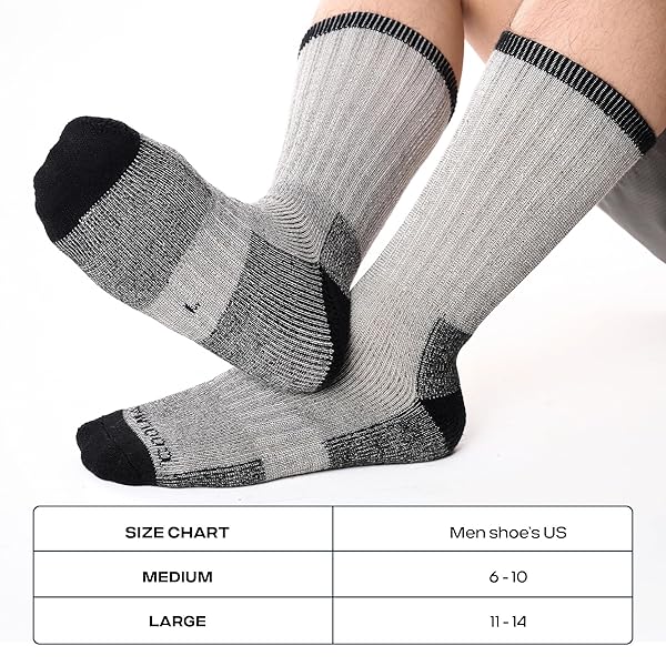 COOLMATE MERINO WOOL HIKING SOCKS FOR MEN – PACK OF 3 SUPER THICK WARM WINTER THERMAL CREW SOCKS WITH ARCH SUPPORT & BLISTER-FREE, GREY-BLACK, L