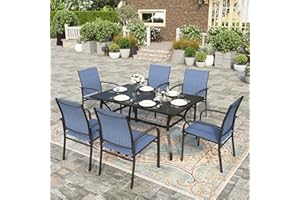 HERA'S HOUSE 7 PCS Patio Dining Set Outdoor Table Chairs, Large Table with Double Umbrella Hole and 6 Chairs, Patio Table and Chairs Set for Backyard, Porch, Deck (Blue)