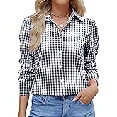 Dookttker Women Slim Fit Cotton Gingham Button Down Shirts Casual Blouses Tops Work Summer Clothes Fashion Outfits