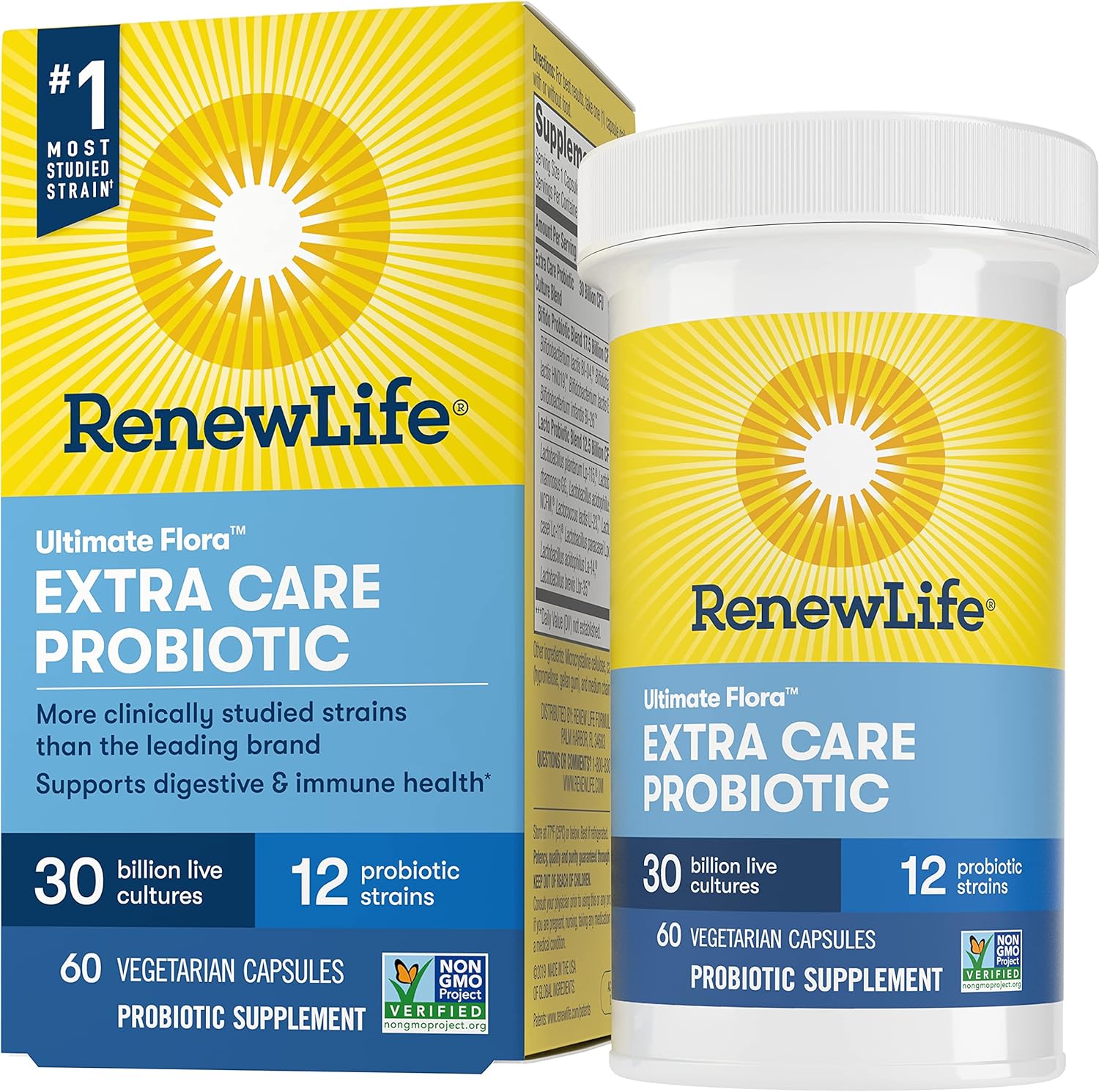Renew Life Adult Probiotics 30 Billion CFU Guaranteed, 12 Strains, For Men & Women, Shelf Stable, Gluten Dairy & Soy Free, Ultimate Flora Extra Care, 60 Count, Pack of 1: Health & Personal Care