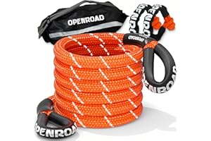 OPENROAD Kinetic Recovery Tow Rope, 36000 Lbs (1in x 30ft Orange with Soft Shackle) Extreme Duty 35% Elasticity Energy Offroad Snatch Strap, Vehicle Recovery Kit for Jeep Car Truck ATV UTV SUV
