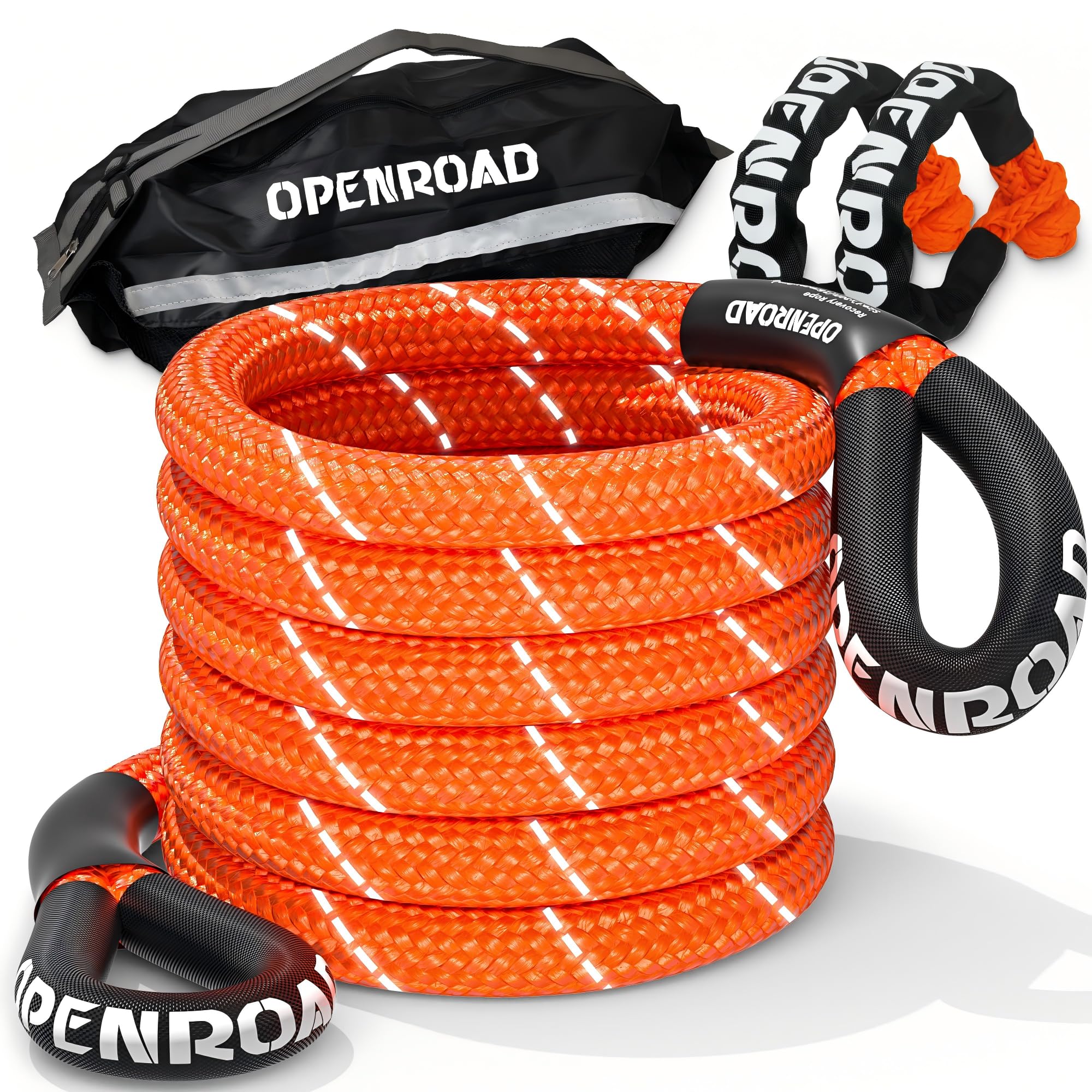 Photo 1 of OPENROAD Kinetic Recovery Tow Rope, 36000 Lbs (1in x 30ft Orange with Soft Shackle) Extreme Duty 35% Elasticity Energy Offroad Snatch Strap, Vehicle Recovery Kit for Jeep Car Truck ATV UTV SUV