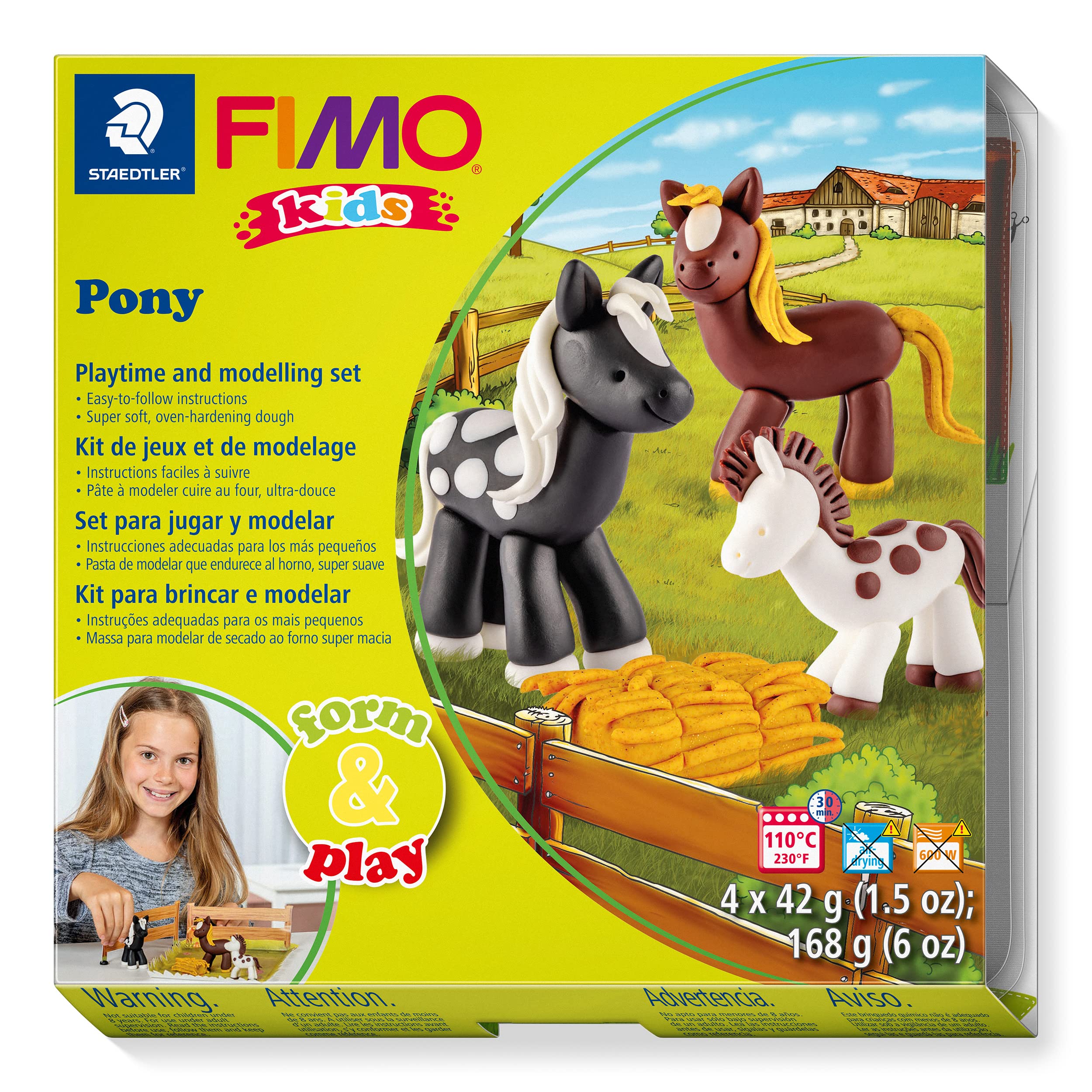 STAEDTLER 8034 08 LZ FIMO Kids Form&Play Playtime & Modelling Polymer Clay Set - "Pony" (Pack of 4 Blocks, Stickers, Modelling Tools & Background Scene)