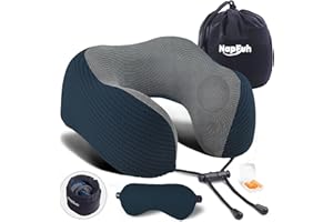 napfun Neck Pillow for Traveling, Upgraded Travel Neck Pillow for Airplane 100% Pure Memory Foam Travel Pillow for Flight Headrest Sleep, Portable Plane Accessories, Deep Blue Set, Medium (120-200LB)