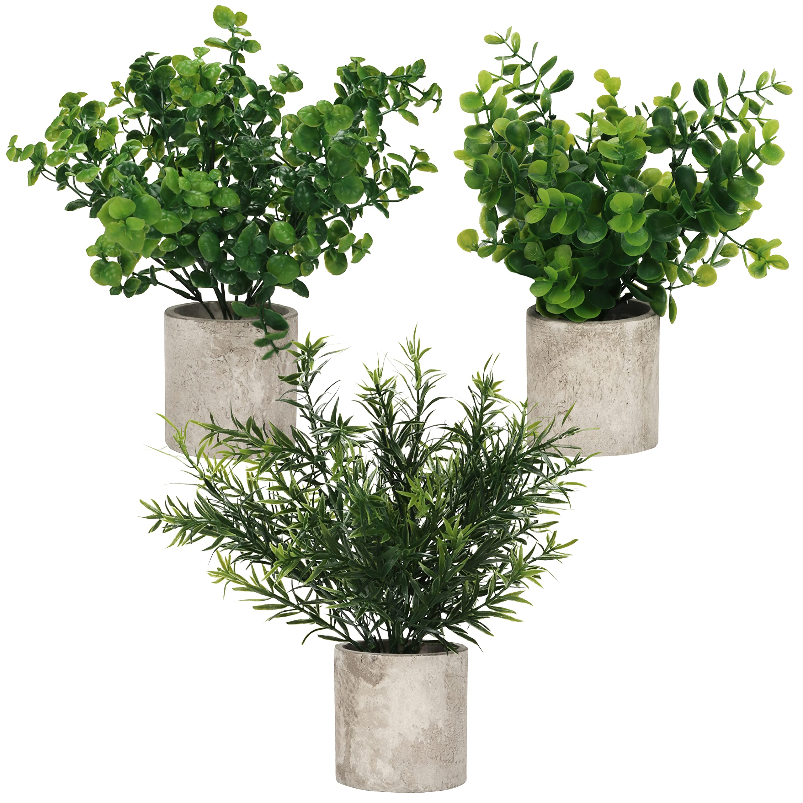 BELLE VOUS Mini Potted Artificial Eucalyptus Plants (3 Pack) - Small Faux Plastic Greenery In Pots - Fake Indoor Plants for Office Desk, Home, Kitchen, Garden, Table & Bathroom/Shower Room Decoration
