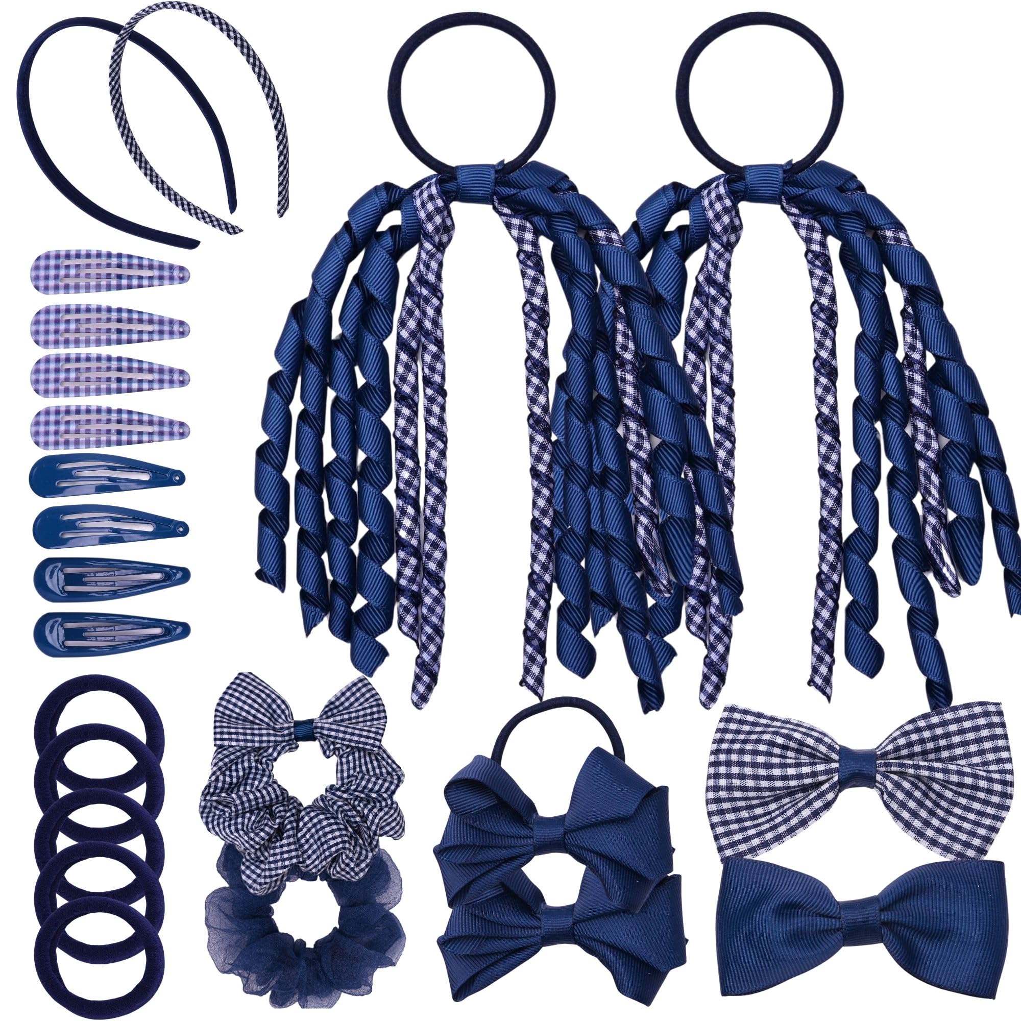 Basic Sense Gingham Girl Hair Accessories Set 23 Pieces Hair Ties, Pins, Scrunchies, Ribbon Ponytail Holder Summer School Check Uniform, Navy