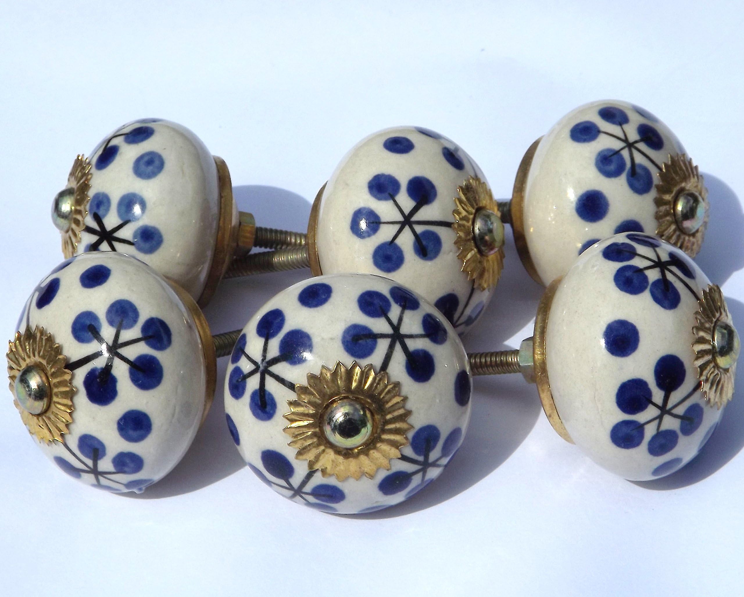 6 x Antique White Round with Black stem and Blue Spots (Brass Fittings) Ceramic Cupboard Door knob Drawer Pull Shabby Chic Handle Porcelain