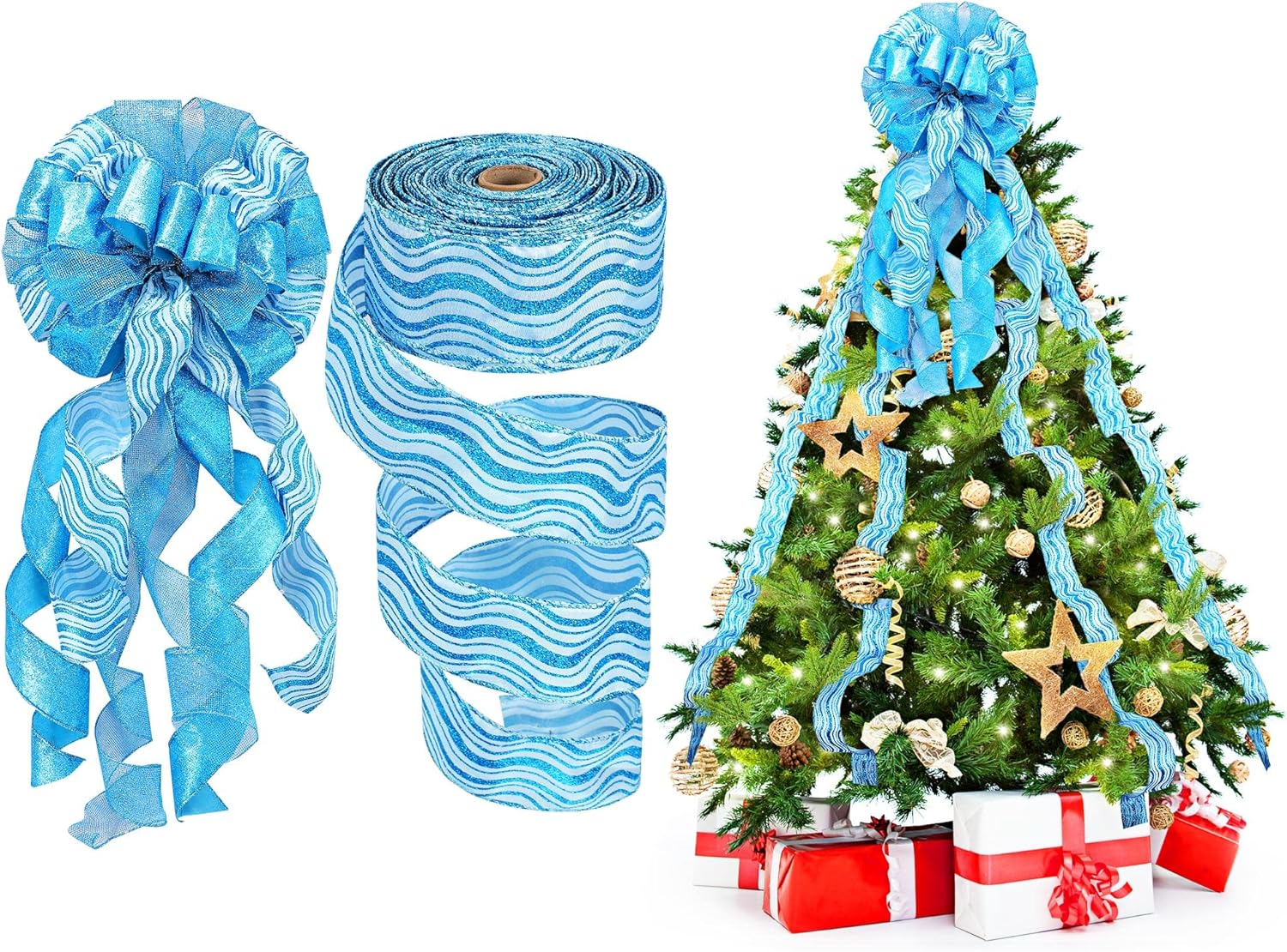 Tree Toppers - Geosar Christmas Tree Topper 12 x 34 Inch Hanging Christmas Large Bow Christmas Bowknot and A Roll Christmas Tree Decorations Ribbon, 2.5 Inch x 20 Yard for Christmas Decoration (Lake Blue Style)