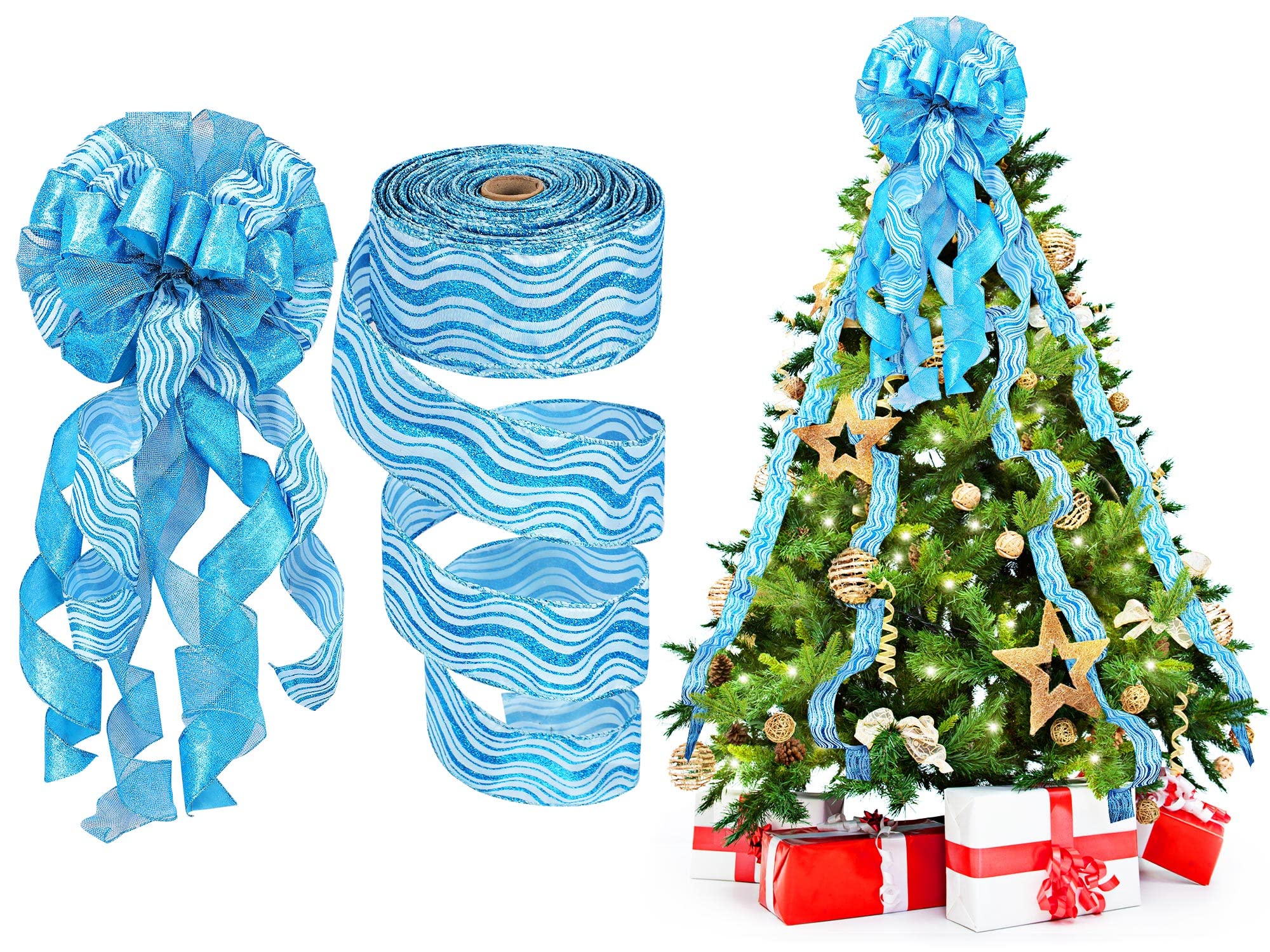 Geosar Christmas Tree Topper Christmas Wreath Bow 12 x 34 Inch with Glitter Streamer Hanging Xmas Large Bow Decorative Ribbon Bows for Xmas Wreath Door Festival Home Decor(Lake Blue Style)