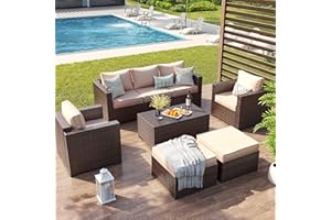 UDPATIO 6 Piece Patio Furniture 7 Seats Wicker Outdoor Sectional, Thick Cushions Patio Couch Chair with Ottoman & Storage Table for Porch, Balcony