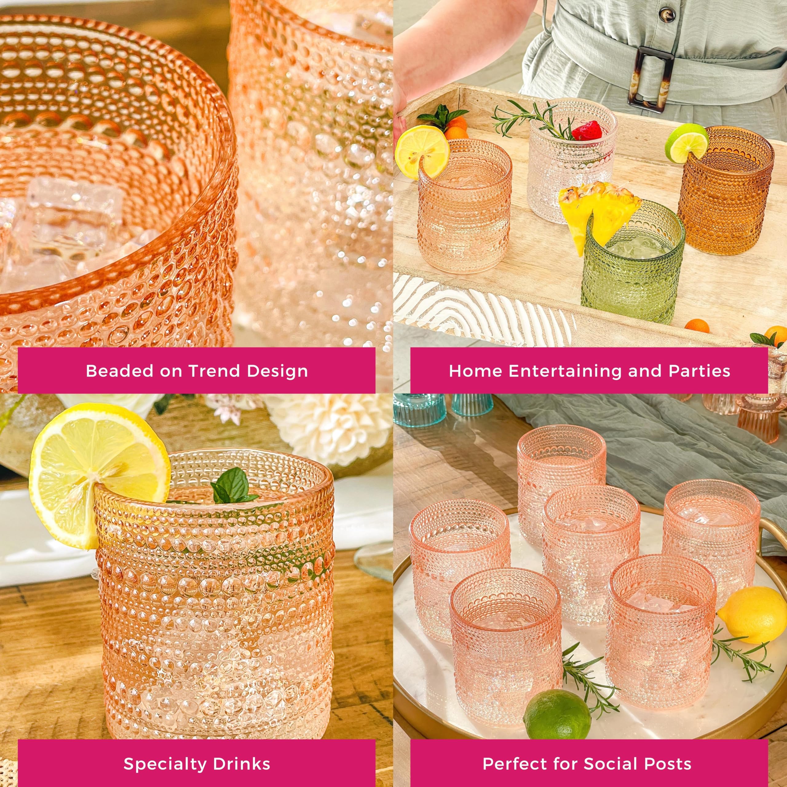 Kate Aspen Rose Gold Cups Pink Hobnail Beaded Drinking Glasses Set of 6-10 oz Vintage Glassware Set Cocktail Glass Set, Juice Glass, Water Cups | Makes A Great Hostess Gift, Gift for New Home Owners