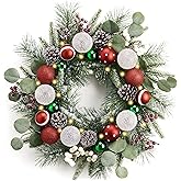 Valery Madelyn 20'' Pre-Lit Christmas Wreath for Front Door with Light, Lighted Christmas Door Wreath with Red Green White Xmas Ball Norfolk Pine Branch for Home Porch Fireplace Window Holiday Decor