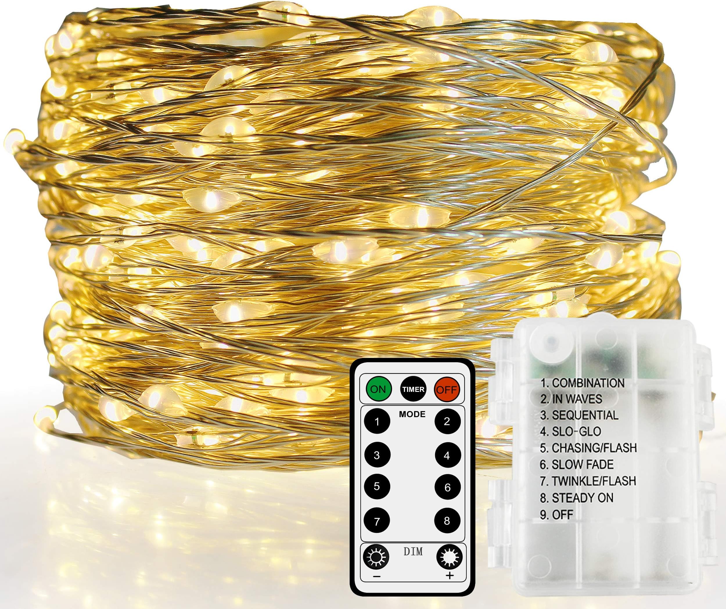 Fairy Lights Battery Operated Copper Wire 8 Modes Firefly Twinkle String Lights with Remote Control Timer for Indoor Outdoor, Bedroom, Garden, Christmas, Wedding, Dorm Decor (Warm White) (200 LEDs)