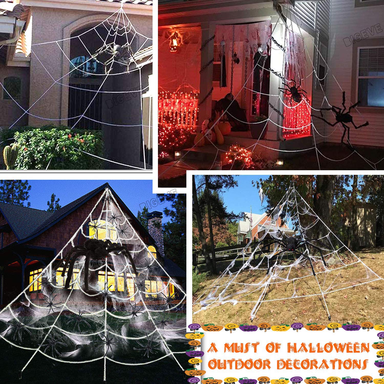 Outdoor Halloween Decorations, Giant Halloween Spider Web Decoration 16.5ft Large Spider Web with 19.7 inch Hairy Spider Stretch Spider Web 10 Plastic Spiders Halloween Party Decorations Supplies Outdoor Yard Decor - White Web