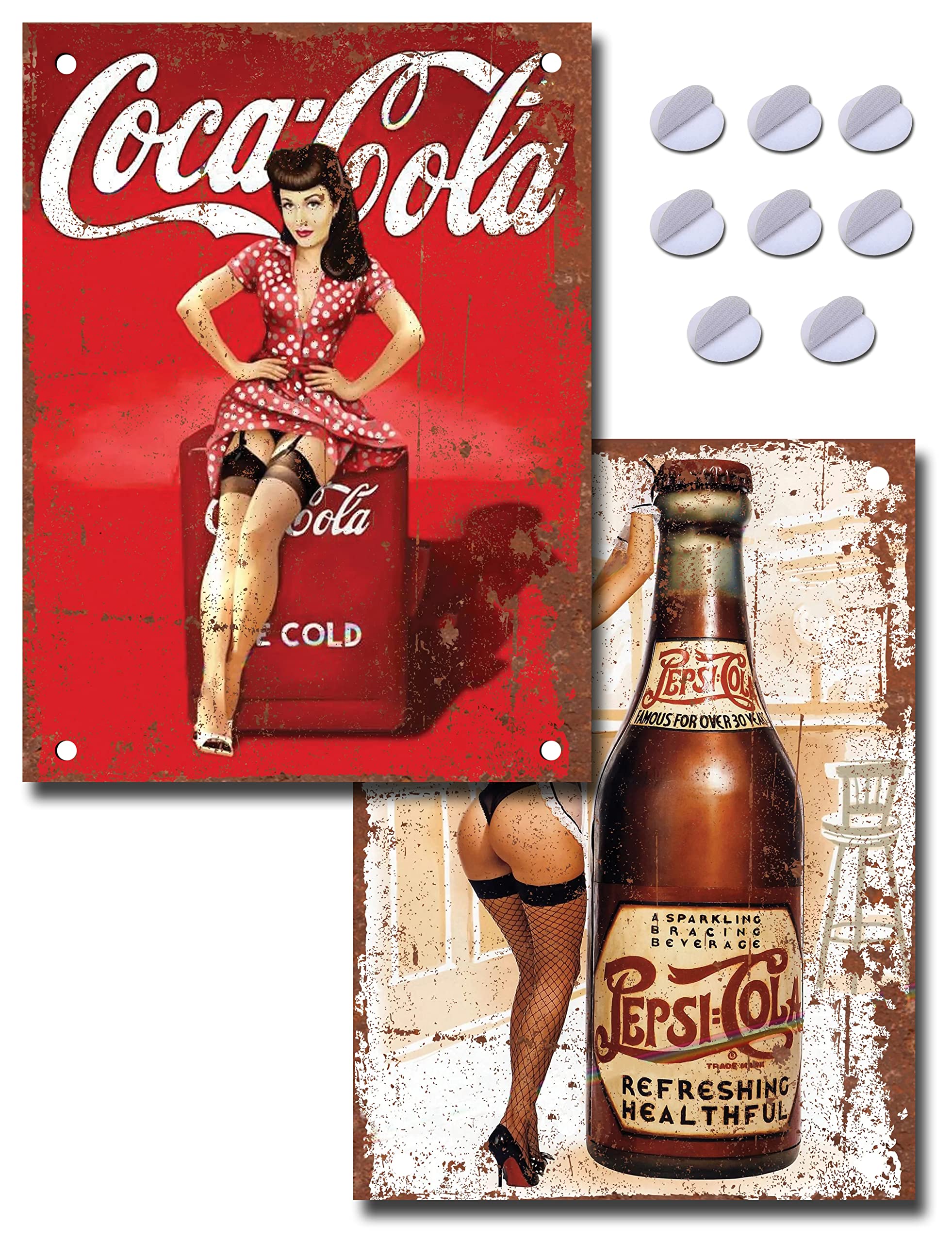 Set of 2 Vintage Coca Cola Pepsi Bar Signs - Fixings Included - Retro Bar Accessories Bundle for Home Pub or Outdoor Garden Bar Wall Plaque Man Cave Gift Metal Memorabilia Bar Sign 20cm x 15cm