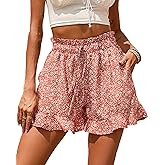 BTFBM Shorts for Women Spring Summer 2026 Beach Vacation Clothes Boho Floral Belted Casual Ruffle Short Pants Pocket Outfits