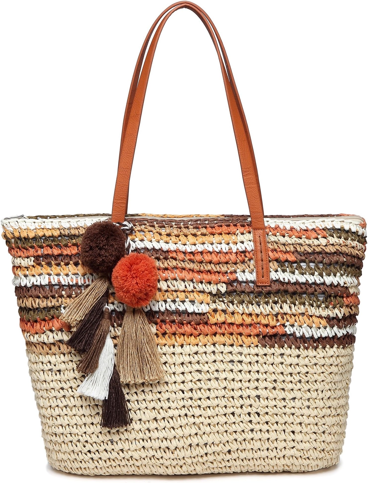 Daisy Rose Large Straw Beach Tote Bag with Pom Poms and Inner Pouch -Vegan Leather Handles