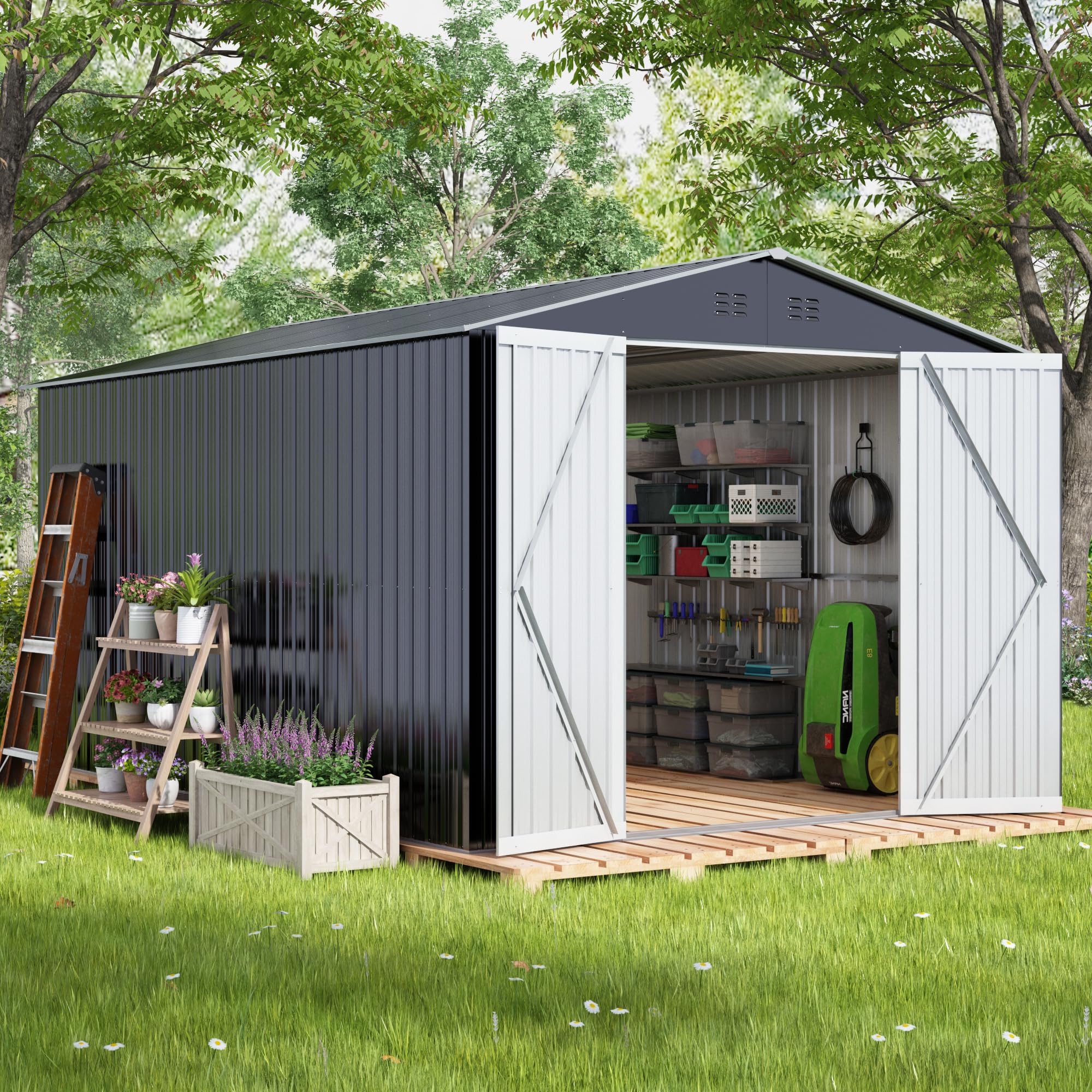 Photo 1 of HOGYME 8 x 12 FT Outdoor Storage Shed, Large Metal Tool Sheds with Updated Frame Structure and Lockable Doors, Garden Shed for Backyard Garden Patio Lawn, Grey