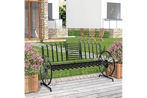 BOWENIOG Outdoor Bench Patio Outdoor Garden Bench with Built-in Table, Wagon Wheel Arms, 3 People Outdoor Bench Garden Bench Front Porch Furniture (Black)