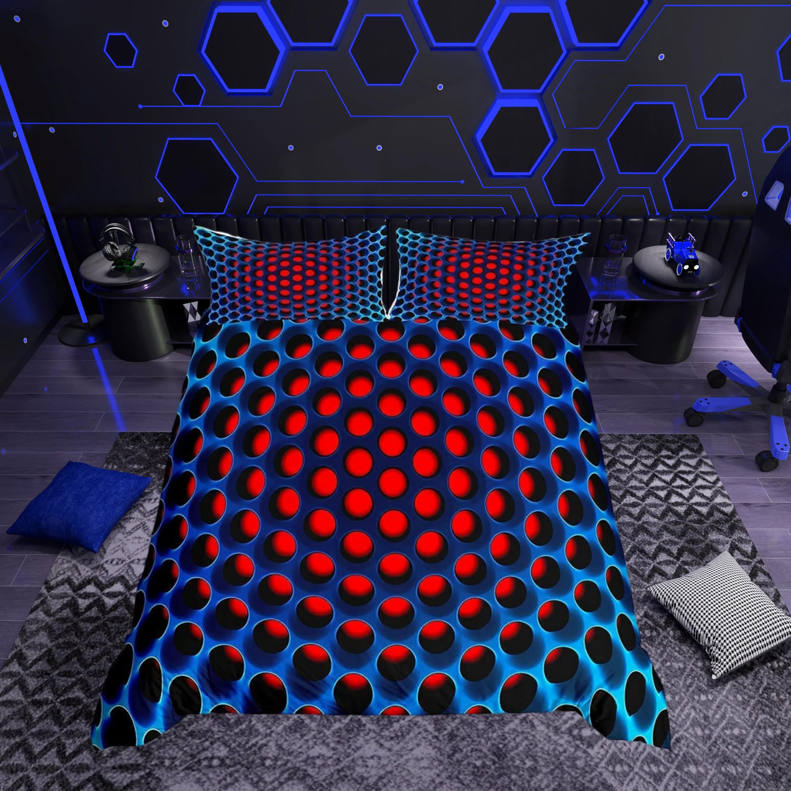 Loussiesd Honeycomb Geometric Duvet Cover Stereoscopic Dense Hole Boys Kids Bedding Set Blue Red Circle Comforter Cover Microfiber Three-Dimensional Honeycomb Decor with A Sense of 3D Print King — image 1
