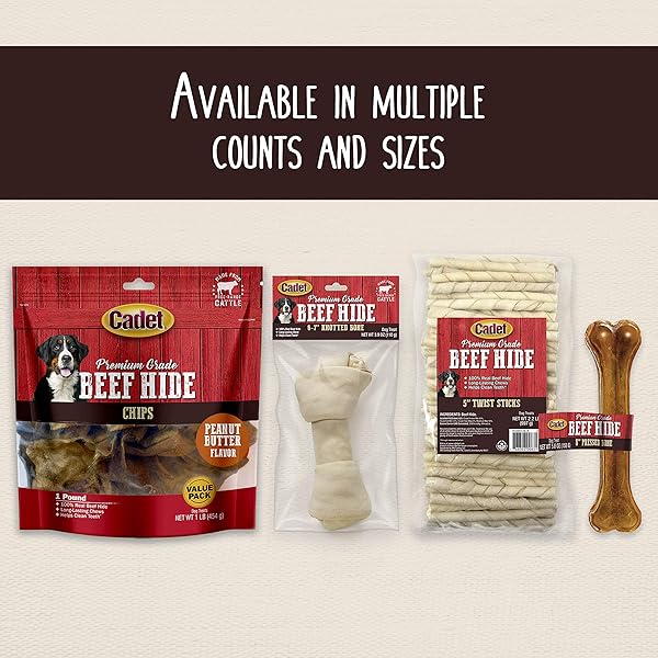CADET PREMIUM GRADE BEEF HIDE FOR DOGS, RAWHIDE LONG LASTING DOG CHEWS, CHIPS, CURLS & ROLLS FOR SMALL/MEDIUM/LARGE DOGS
