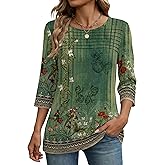 Zeagoo Womens Tops 3/4 Length Sleeve Blouses Dressy Casual Shirt Pleated Front Tunic Floral Printed Spring Clothes