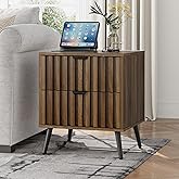 Smuxee Walnut Wooden Night Stand, Mid Century Nightstand with 2 Fluted Drawers, Bedside Table with Open Shelf, Modern End Side Table for Bedroom