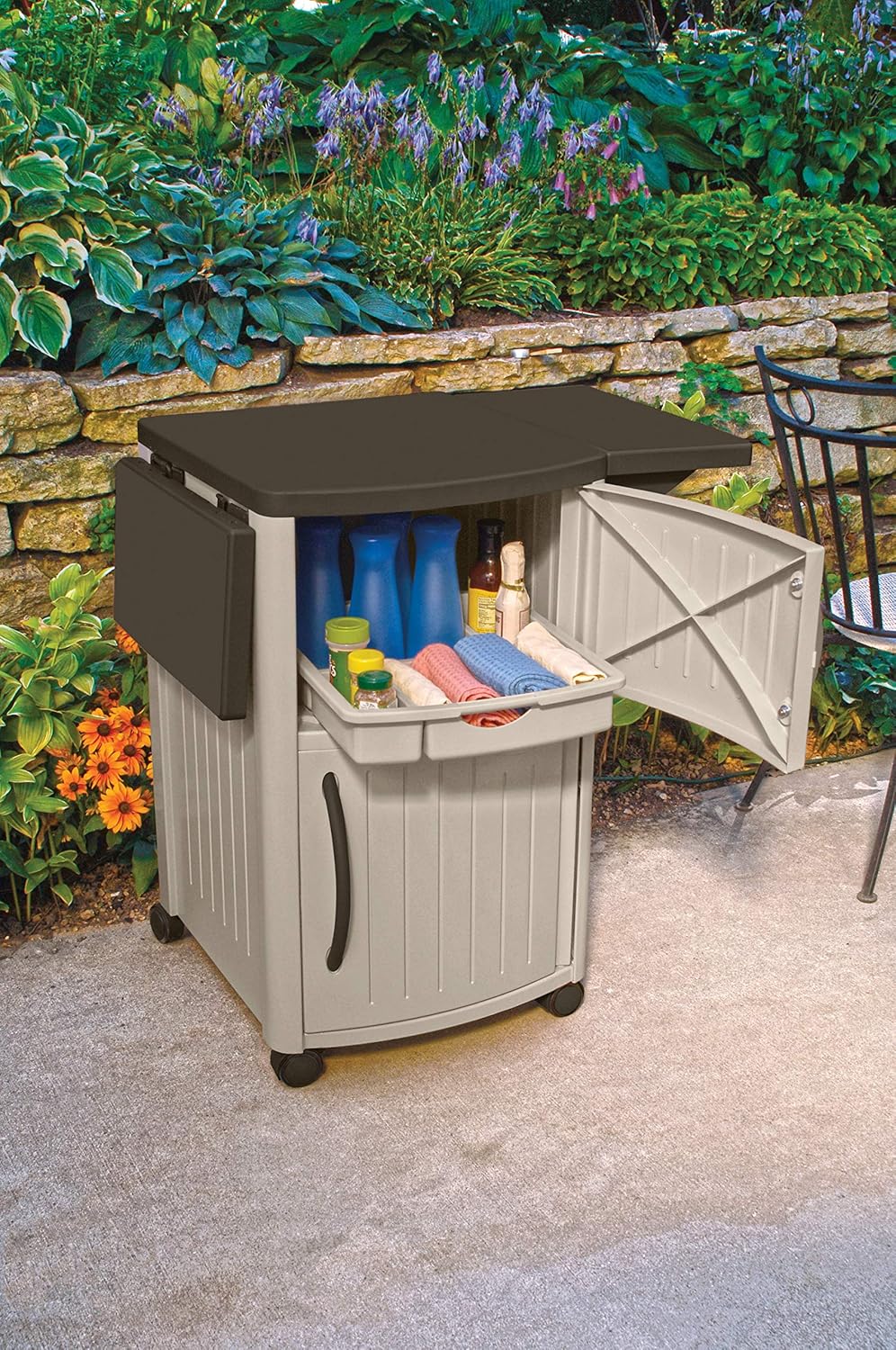 Suncast Outdoor Grilling Prep Station - Portable Outdoor BBQ Entertainment Storage Table Prep Station - Store Grilling Accessories, Condiments - Java: Garden & Outdoor