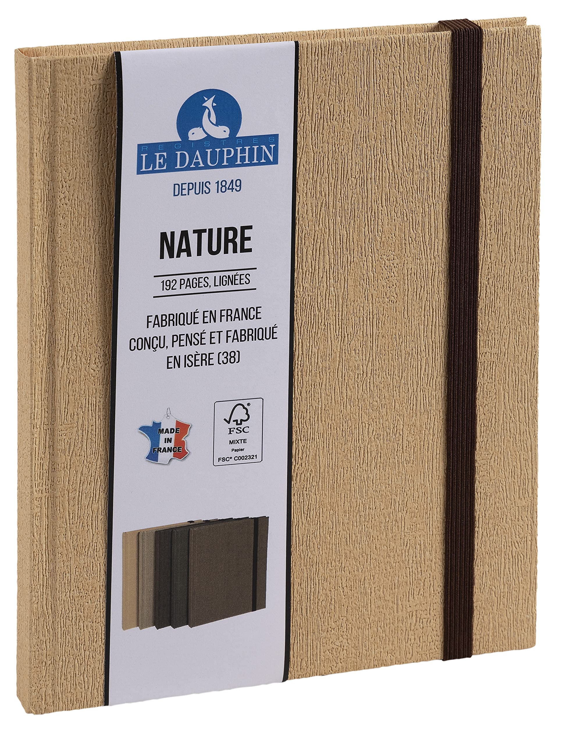 Le Dauphin - Ref. 267221D - 1 Nature notebook - lined interior print - brown elastic closure - dimensions 22 x 17 cm - vertical format - 192 pages - beige cover - FSC® certified