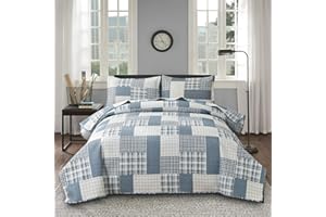 Ycosy Twin Size Plaid Quilts Blue White Stripes Bedspread Coverlets Reversible Lightweight Patchwork Bedding Set for Boys Bedroom Decorations Blanket Throw with 2 Pillow Shams.
