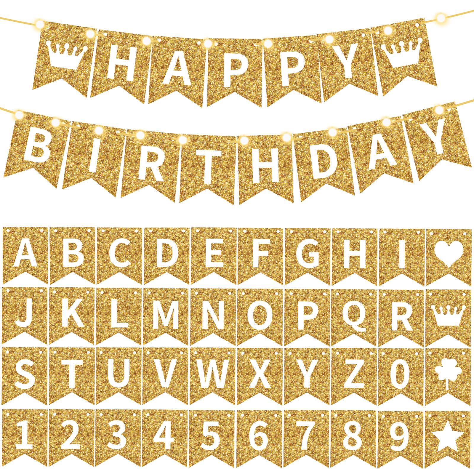 Photo 1 of TaoBary 135 Pcs DIY Banner Custom Letters Kit Make Your Own Banner for Birthday Graduation Party Decor Include 107 Letters and Numbers, 16 Symbols, 2 String Lights, 5 Needles, 5 Rope (Gold)