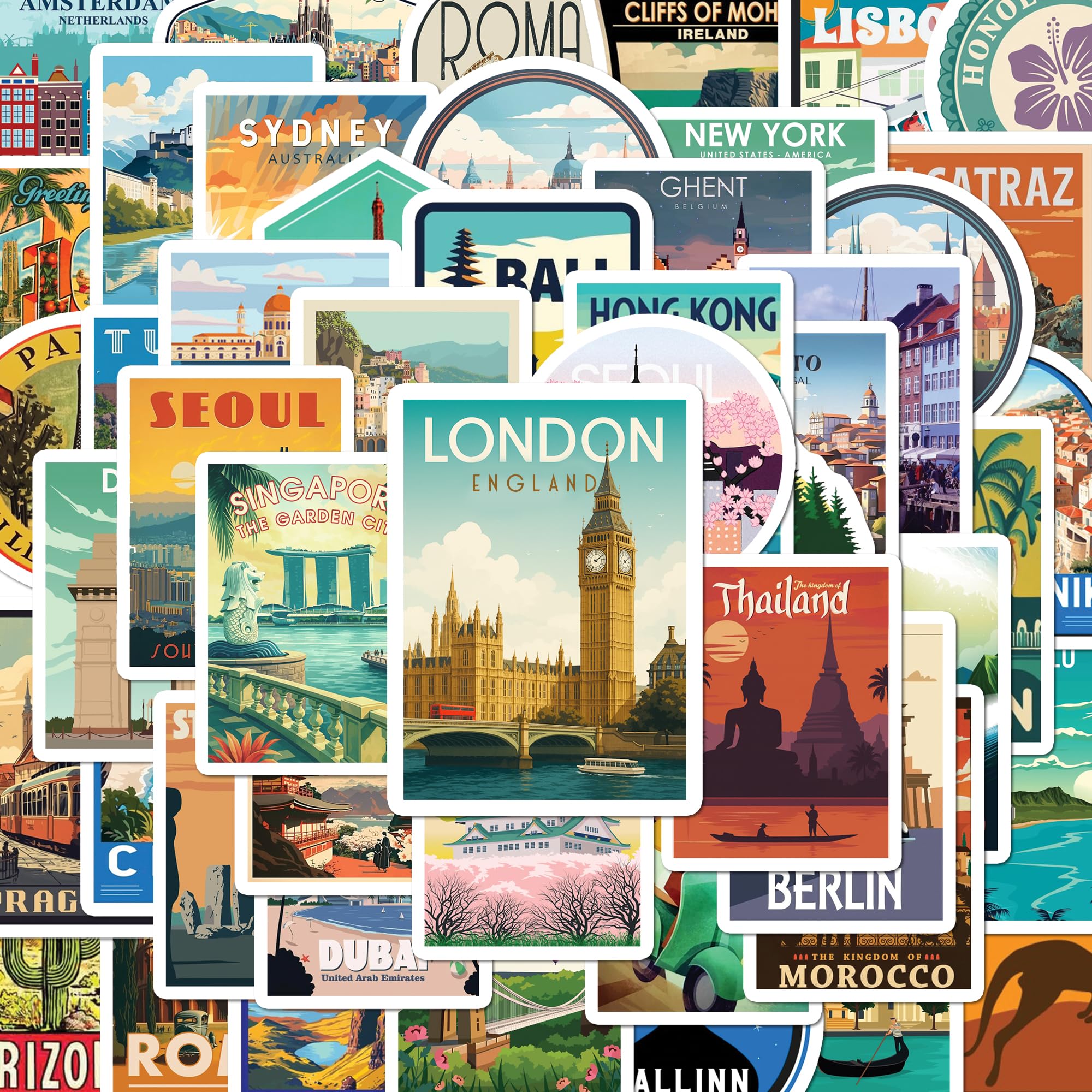BEATRI World Travel Stickers 50Pcs Waterproof Vinyl Travel Map Decor