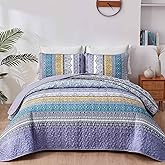 WONGS BEDDING Boho Quilt Set Queen Size Purple, 3 Pieces Striped Bedspread Coverlet Set, Bohemian Soft Lightweight Microfiber for All Season(96"×90")