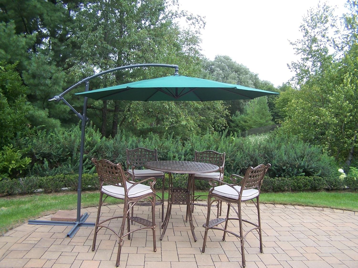 Oakland Living Elite Cast Aluminum 5 Piece Bar Set With 42 Inch Table Cushions And 10 Feet Cantilever Green Umbrella Amazon In Garden Outdoors