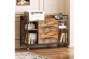 HOMEIJU Office File Cabinet, 2 Drawer File Cabinets with Lock, Filing Cabinet with Power Outlets, Adjustable Shelves, Rolling Storage Cabinets for Home Office, Rustic Black and Brown