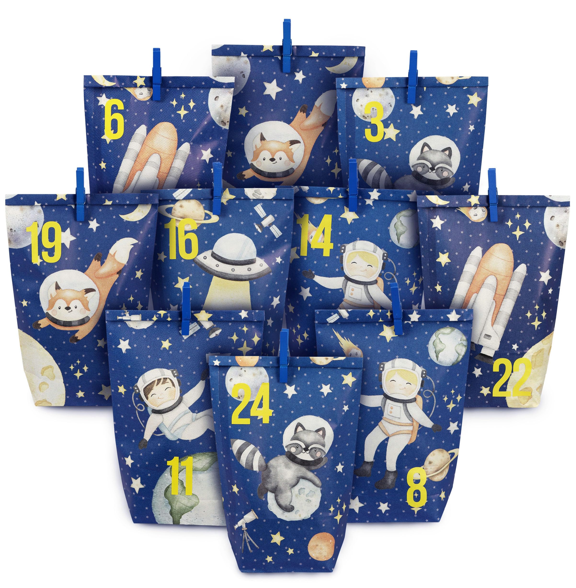 Extravagant Advent Calendar for Filling with 24 Blue Gift Bags and 24 Number Stickers and Clips Space Motif for Crafts and Gift-Giving for Christmas and Advent