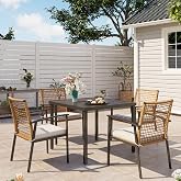 LAUSAINT HOME 5 Pieces Outdoor Patio Dining Set, Wicker Patio Furniture Set of 4 Chairs with Soft Cushion and Square Table with Umbrella Hole, Conversation Set for Backyard, Garden and Poolside