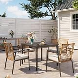 LAUSAINT HOME 5 Pieces Outdoor Patio Dining Set, Wicker Patio Furniture Set of 4 Chairs with Soft Cushion and Square Table with Umbrella Hole, Conversation Set for Backyard, Garden and Poolside