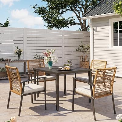 LAUSAINT HOME 5 Pieces Outdoor Patio Dining Set, Wicker Patio Furniture Set of 4 Chairs with Soft Cushion and Square Table with Umbrella Hole, Conversation Set for Backyard, Garden and Poolside