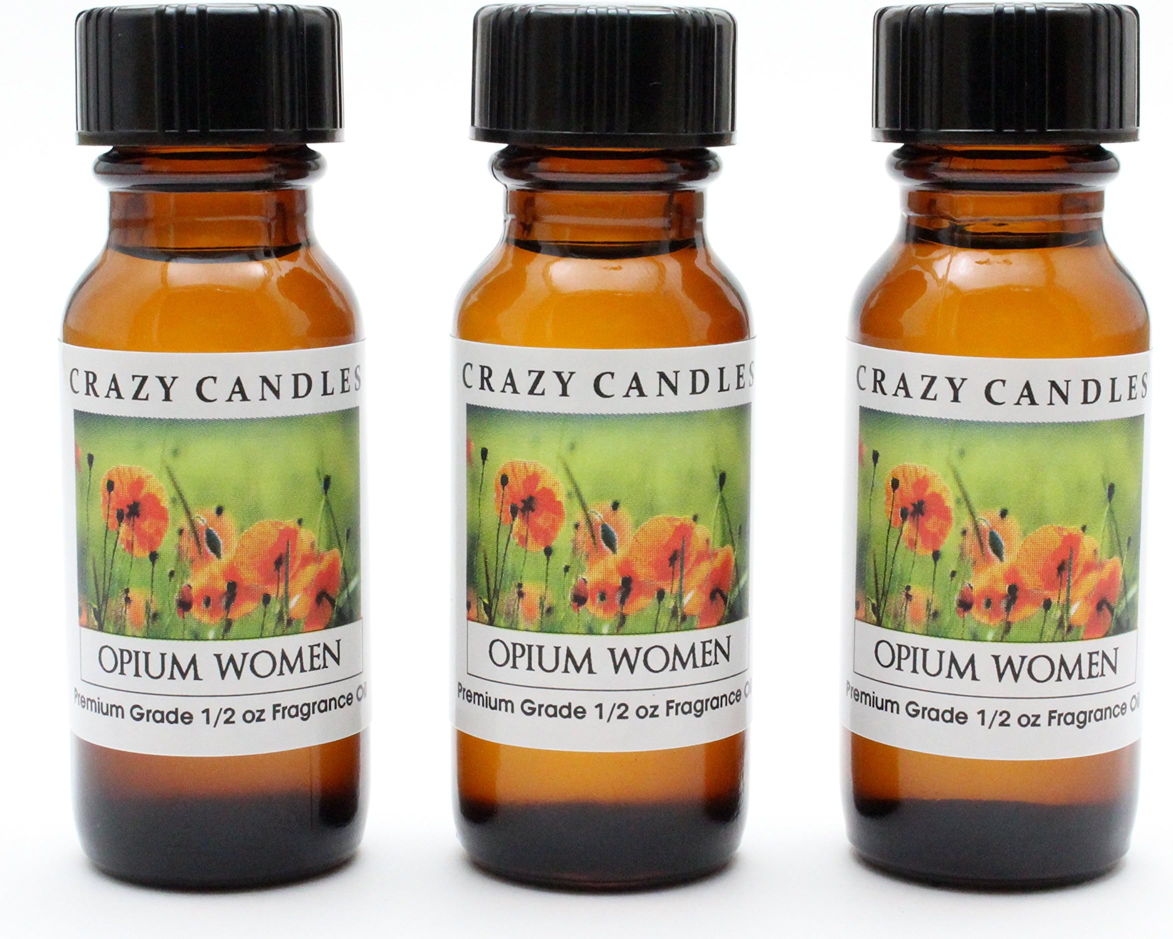 Opium Women 3 Bottles 1/2 Fl Oz Each (15ml) Premium Grade Scented Fragrance Oil By Crazy Candles (Clove, Lily of the Valley, Rose, Sandalwood)