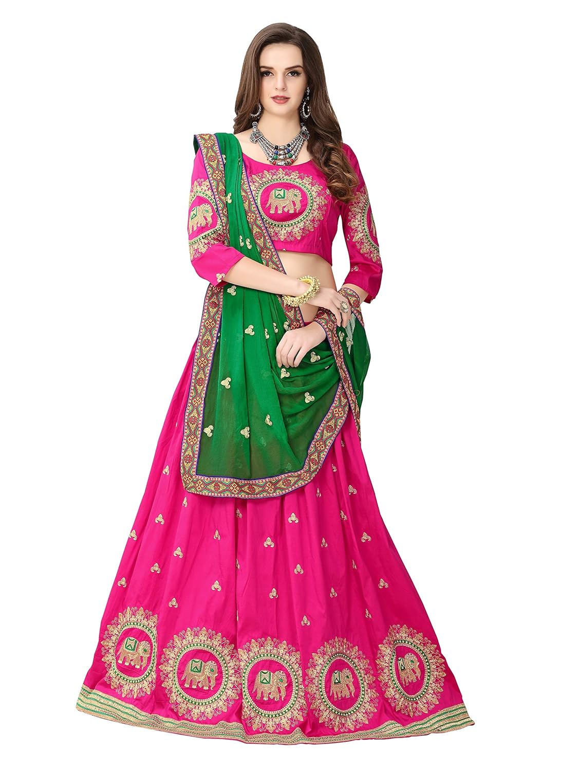 drashti villa women's embroidered semi stitched lehenga choli with blouse piece (free size) (pink)
