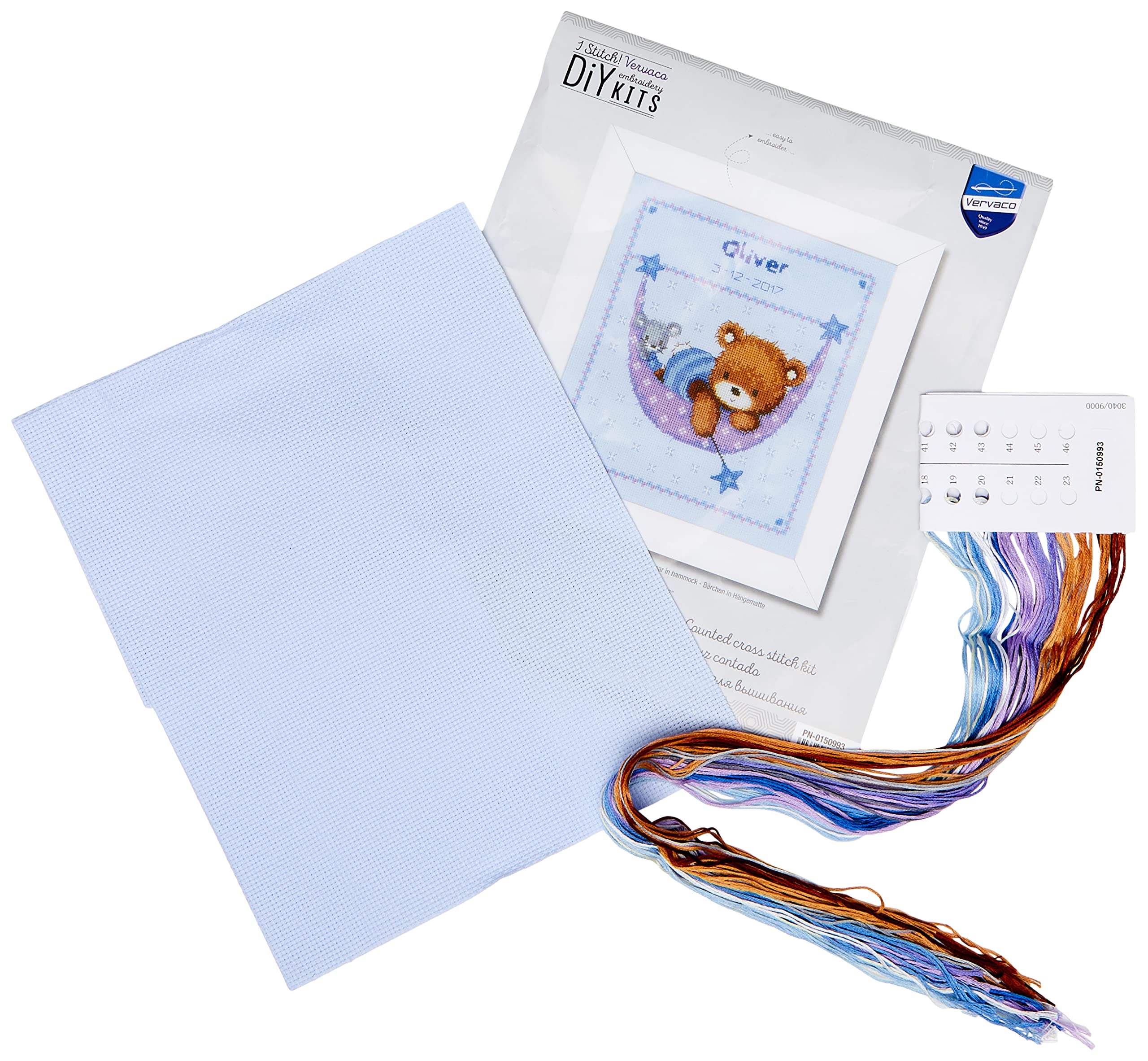 Vervaco Counted Cross Stitch: Birth Record: Little Bear in Hammock (Blue), COTTON, NA, 21 x 24cm