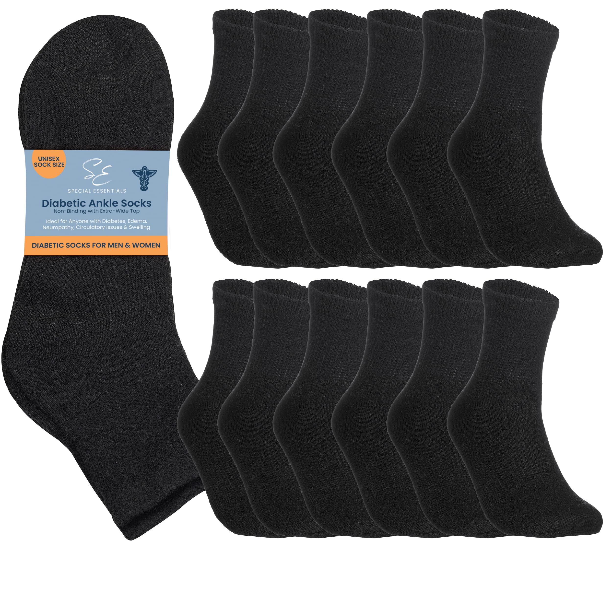 Special Essentials Diabetic Socks for Men & Women – 12 Pairs of Non-Binding Moisture-Wicking Neuropathy Socks – Ankle Length