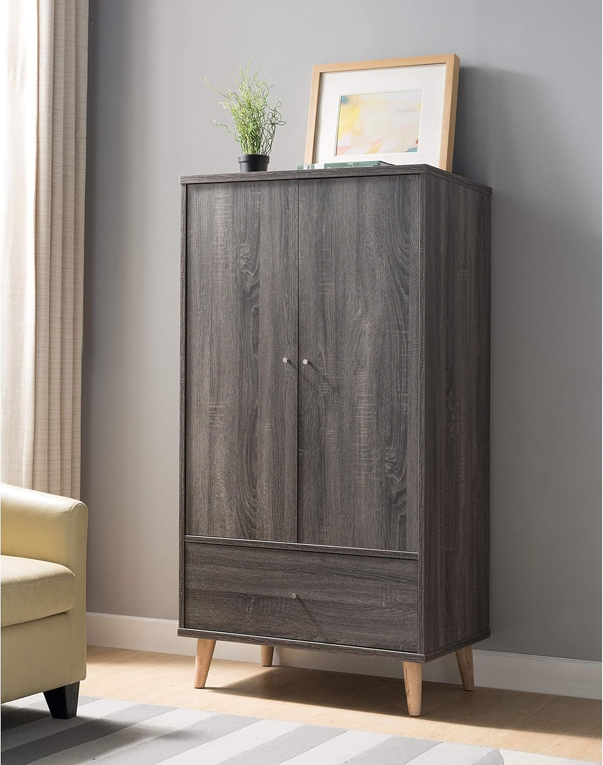 Contemporary Distressed Grey Wardrobe Armoire MidCentury