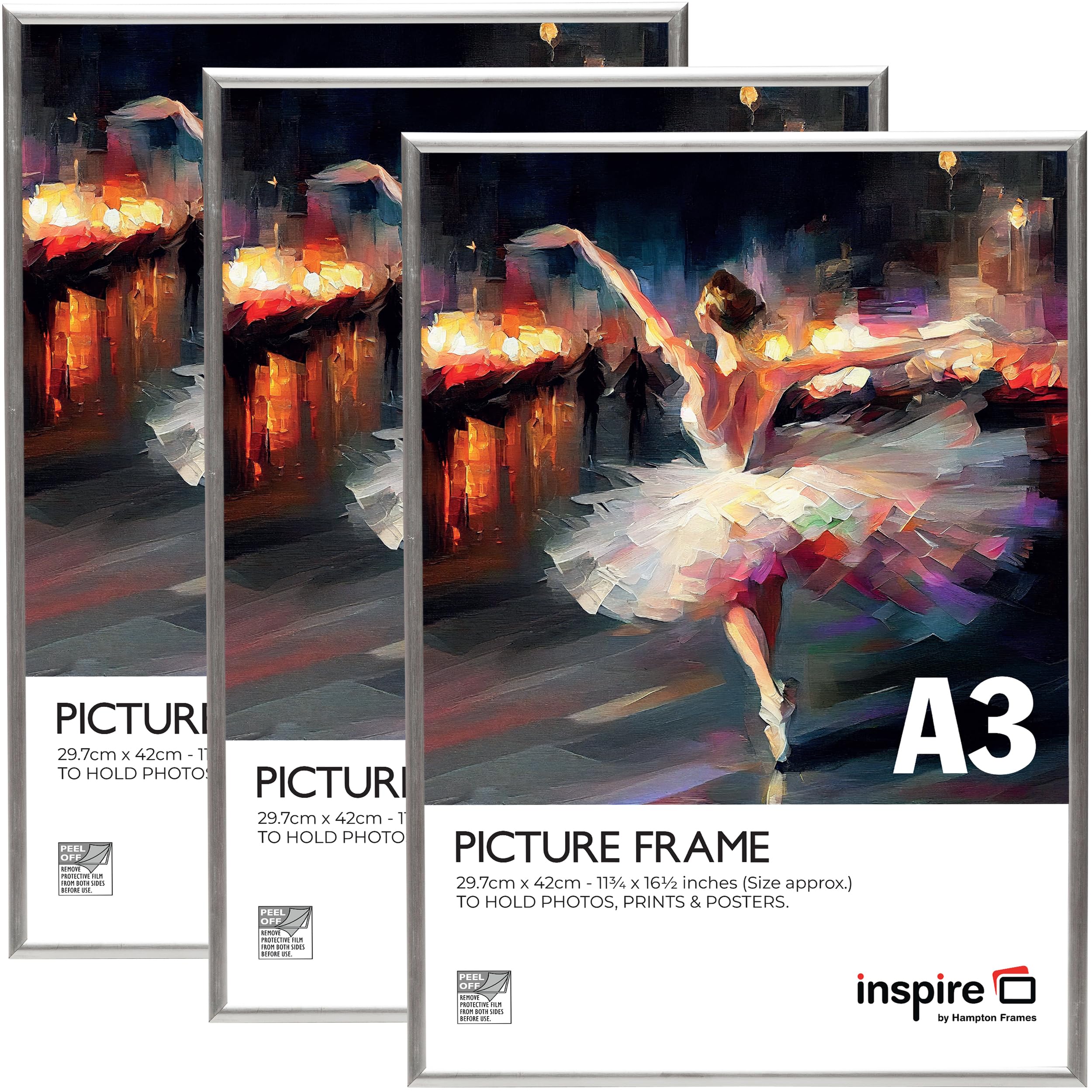 inspire by Hampton Frames BACKLOADER A3 Silver Poster Frame Acrylic (Non-Glass) Pack of 3